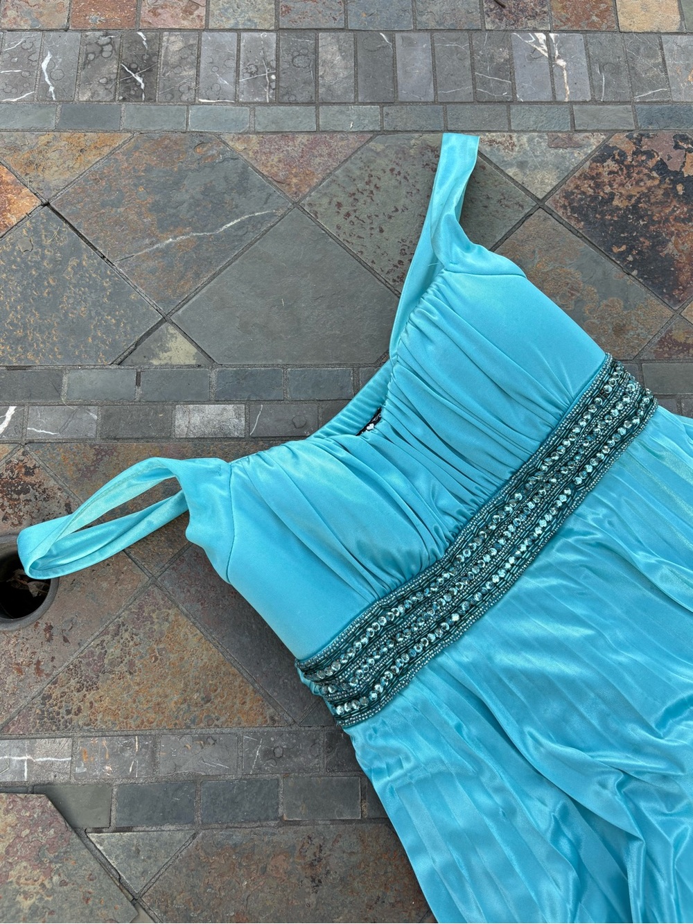 Sequin Hearts Aqua Blue Beaded Waist Prom Dress
